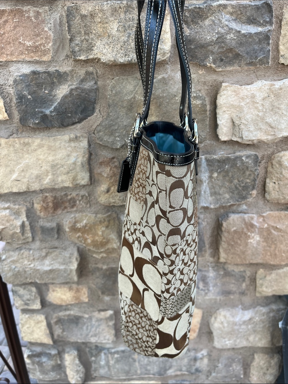 Coach Vintage Large Patchwork Brown Jacquard Signature C Logo Tote Black Patent - Picture 5 of 14